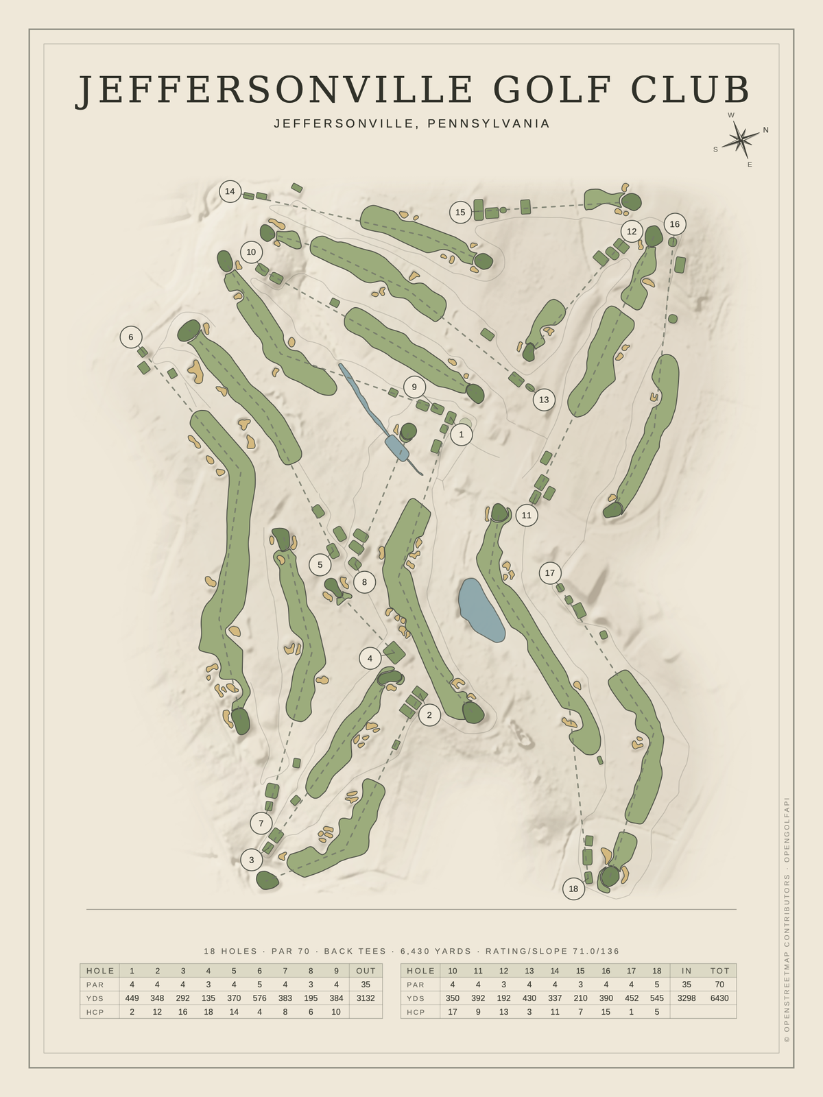 Jeffersonville Golf Club course map poster, Classic style, 12×16 / 18×24