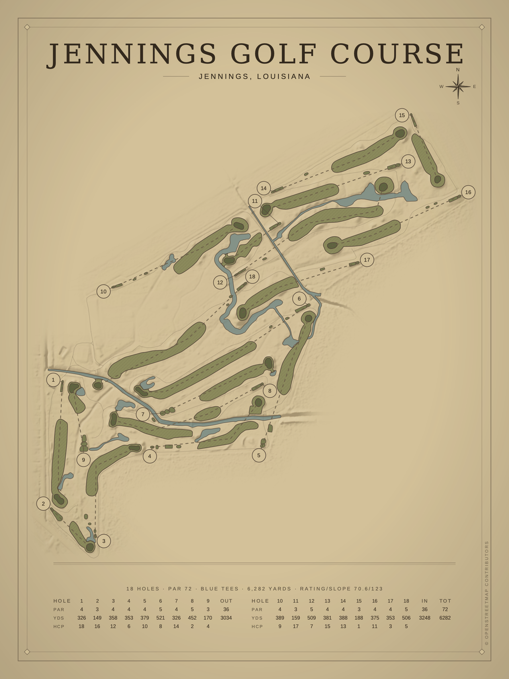 Jennings Golf Course map poster, Vintage style, 12×16 / 18×24
