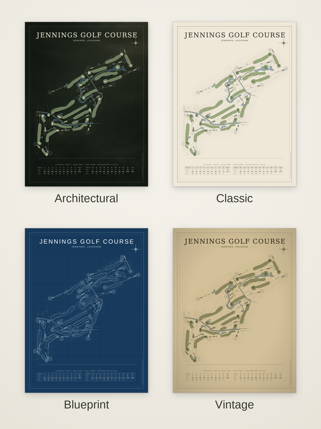 Jennings Golf Course map poster in four styles: Architectural, Classic, Blueprint and Vintage