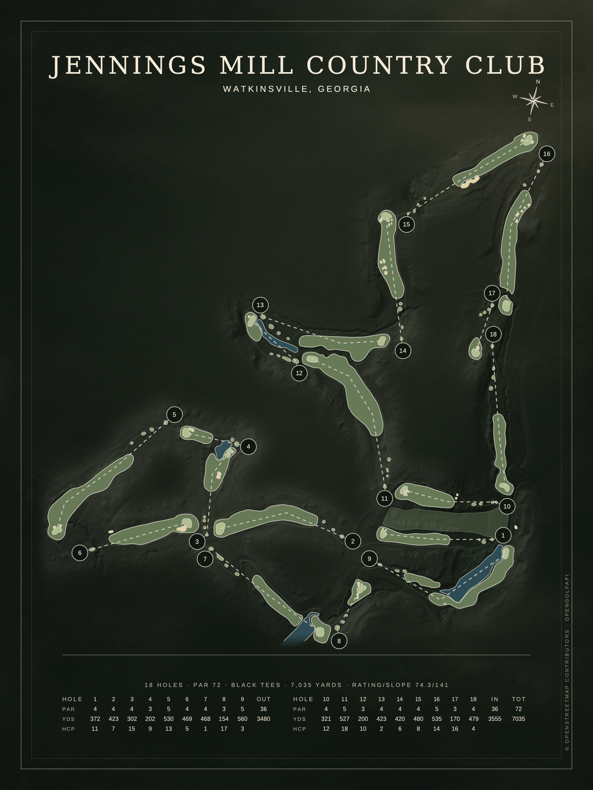 Jennings Mill Country Club course map poster, Architectural style, 12×16 / 18×24