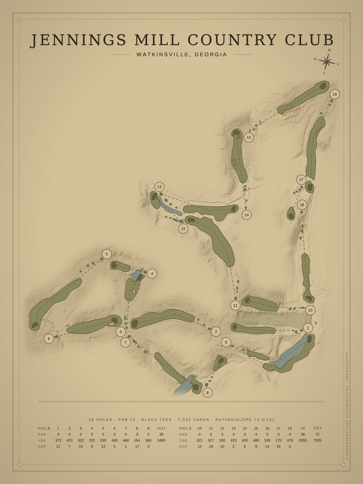 Jennings Mill Country Club course map poster, Vintage style, 12×16 / 18×24