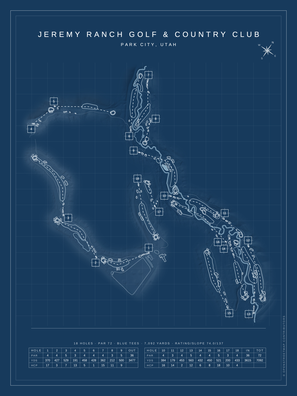 Jeremy Ranch Golf & Country Club course map poster, Blueprint style, 12×16 / 18×24