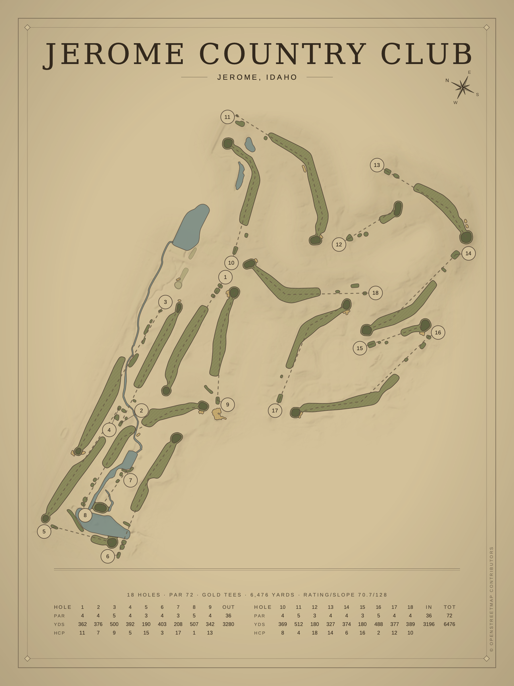 Jerome Country Club course map poster, Vintage style, 12×16 / 18×24