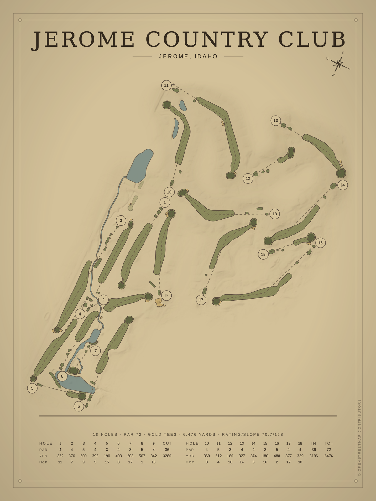 Jerome Country Club course map poster, Vintage style, 12×16 / 18×24
