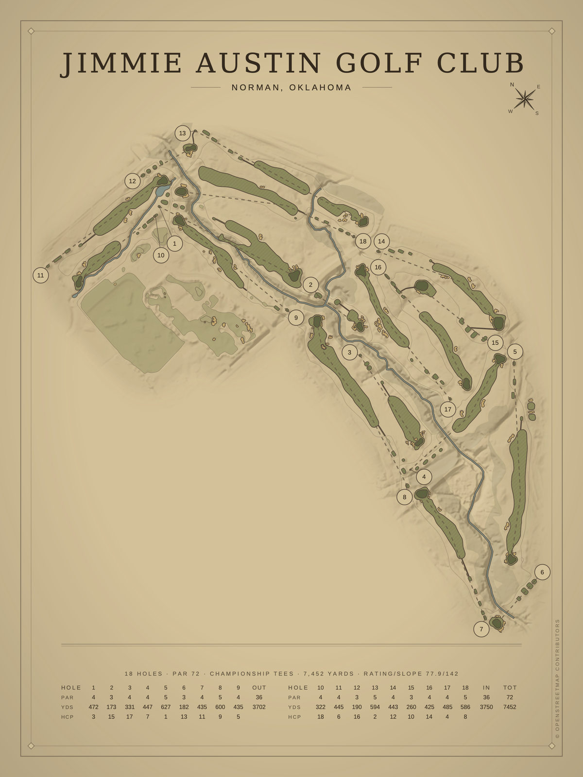 Jimmie Austin Golf Club course map poster, Vintage style, 12×16 / 18×24