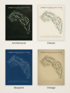 Jimmie Austin Golf Club course map poster in four styles: Architectural, Classic, Blueprint and Vintage