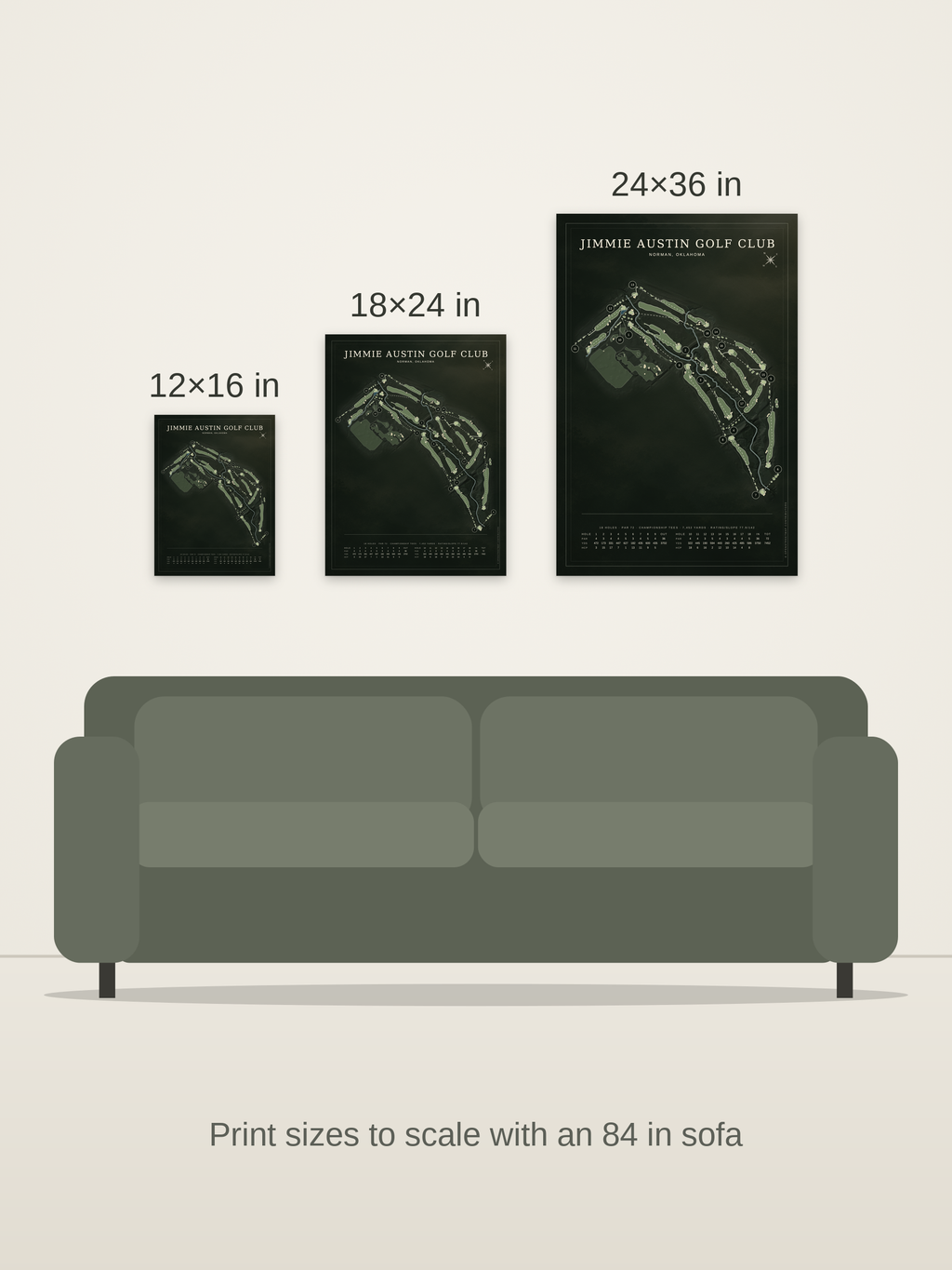 Jimmie Austin Golf Club course map poster in the Architectural style at 12×16, 18×24 and 24×36 inches, shown to scale on a wall above an 84-inch sofa