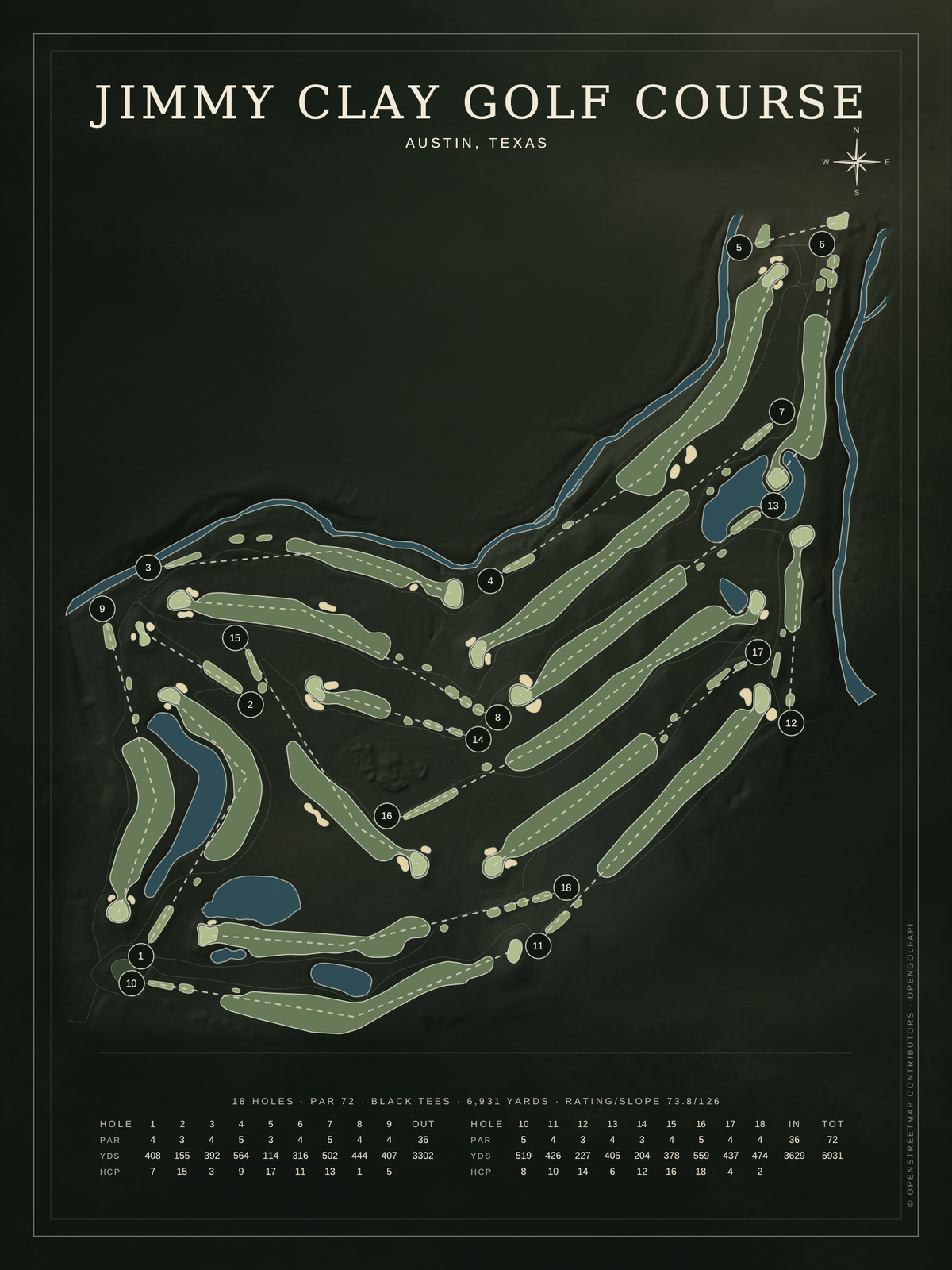 Jimmy Clay Golf Course map poster, Architectural style, 12×16 / 18×24