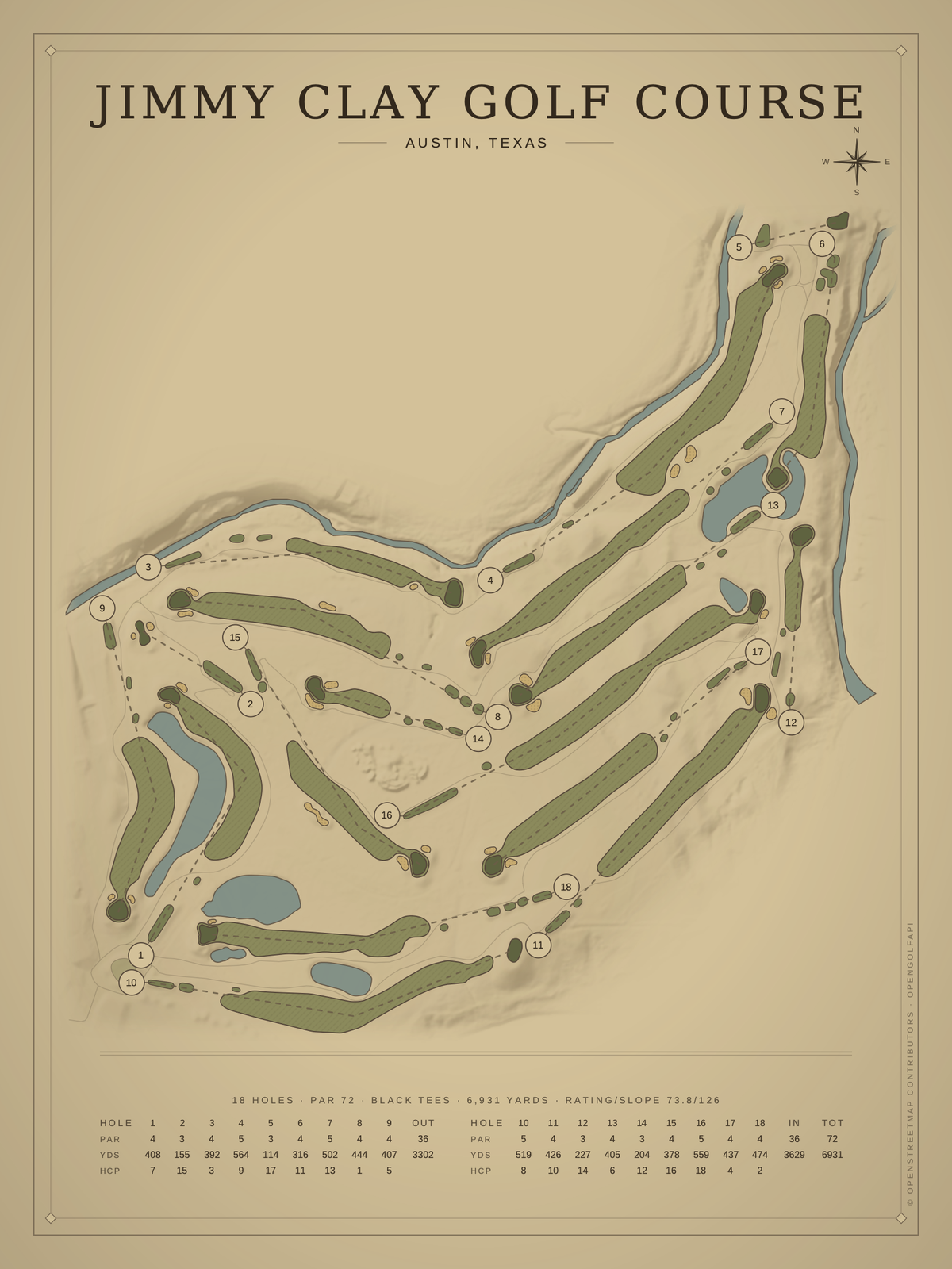 Jimmy Clay Golf Course map poster, Vintage style, 12×16 / 18×24