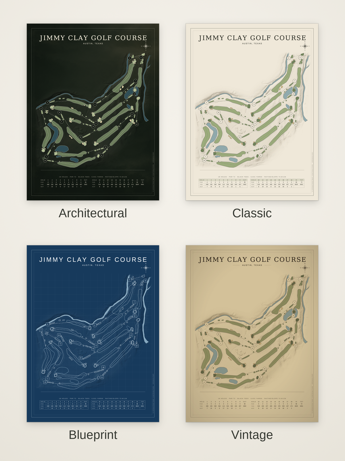 Jimmy Clay Golf Course map poster in four styles: Architectural, Classic, Blueprint and Vintage