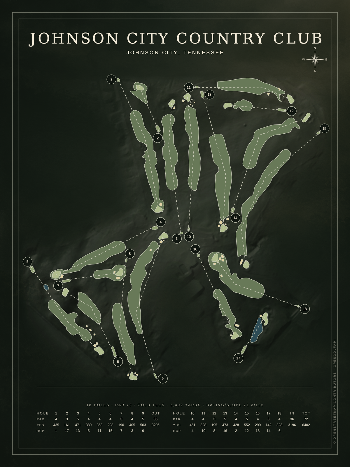Johnson City Country Club course map poster, Architectural style, 12×16 / 18×24