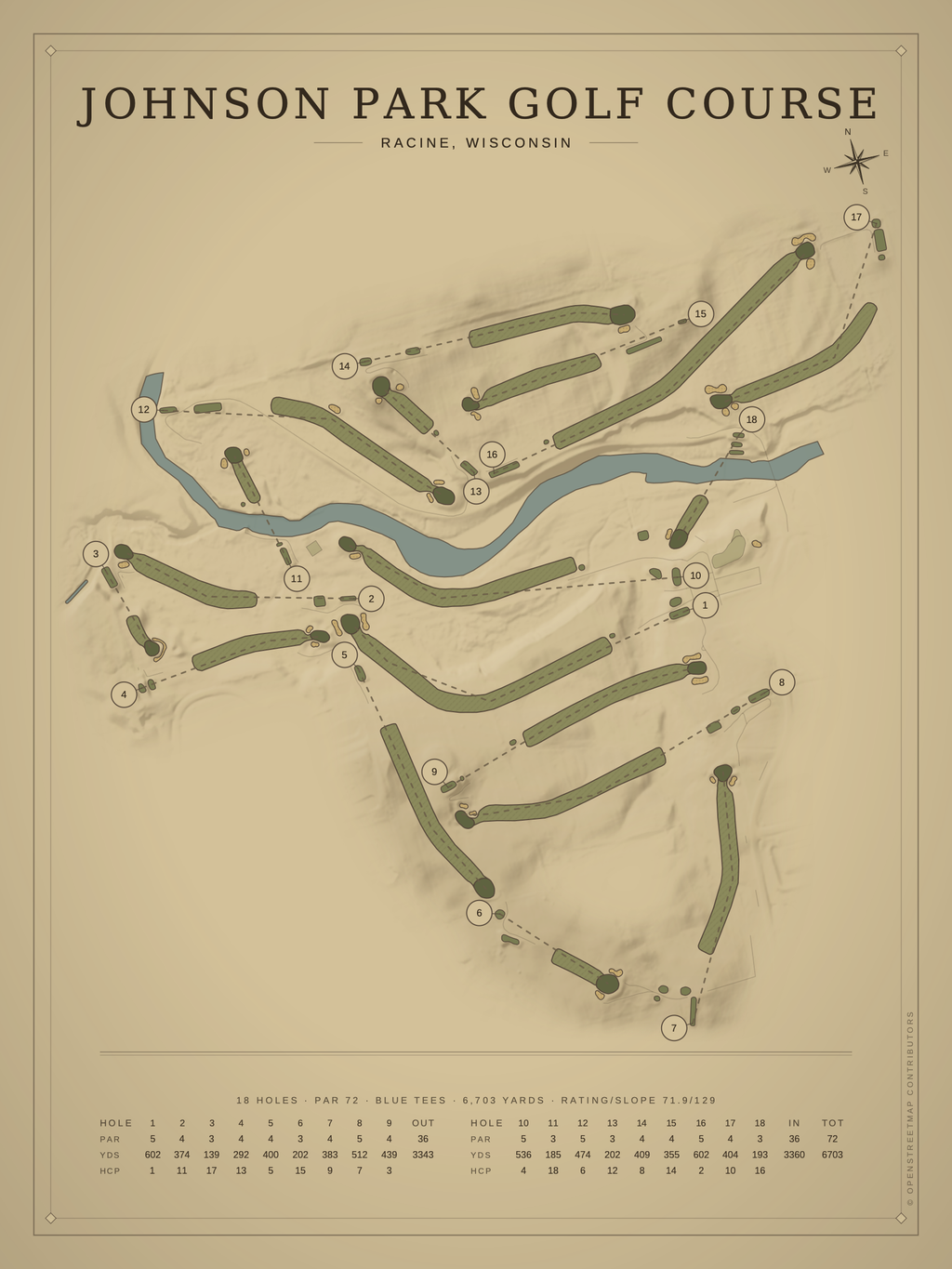 Johnson Park Golf Course map poster, Vintage style, 12×16 / 18×24