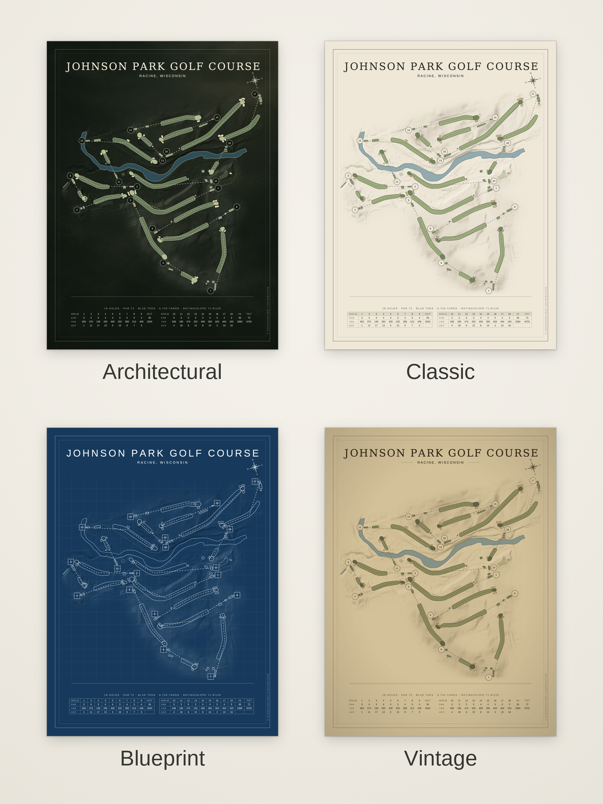 Johnson Park Golf Course map poster in four styles: Architectural, Classic, Blueprint and Vintage
