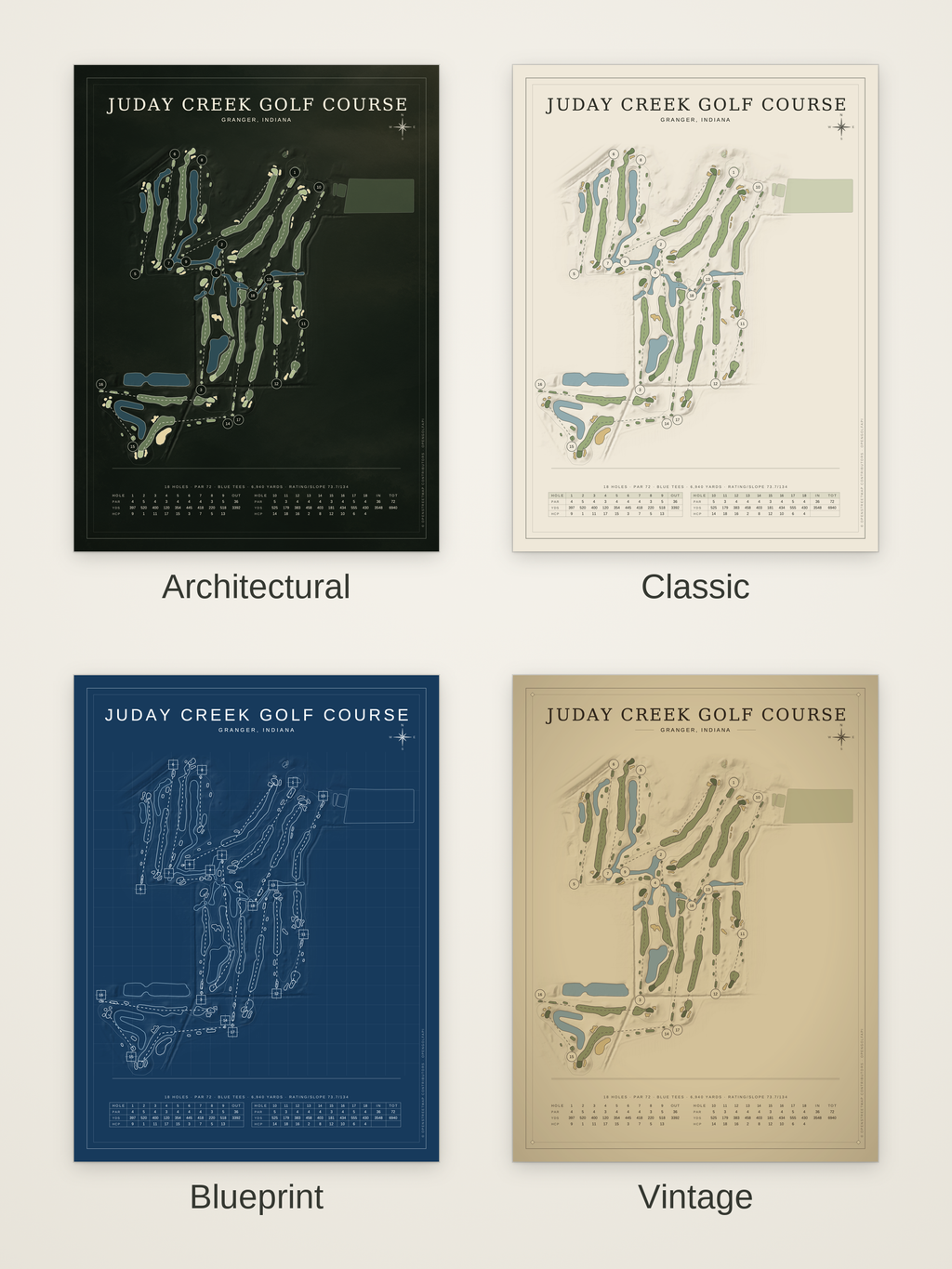 Juday Creek Golf Course map poster in four styles: Architectural, Classic, Blueprint and Vintage