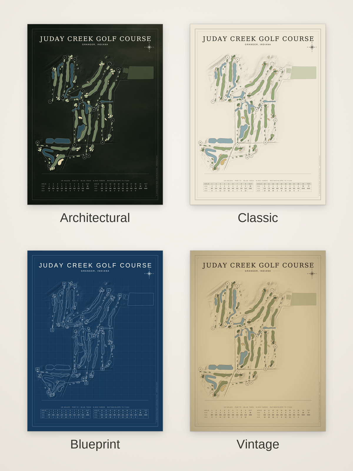 Juday Creek Golf Course map poster in four styles: Architectural, Classic, Blueprint and Vintage