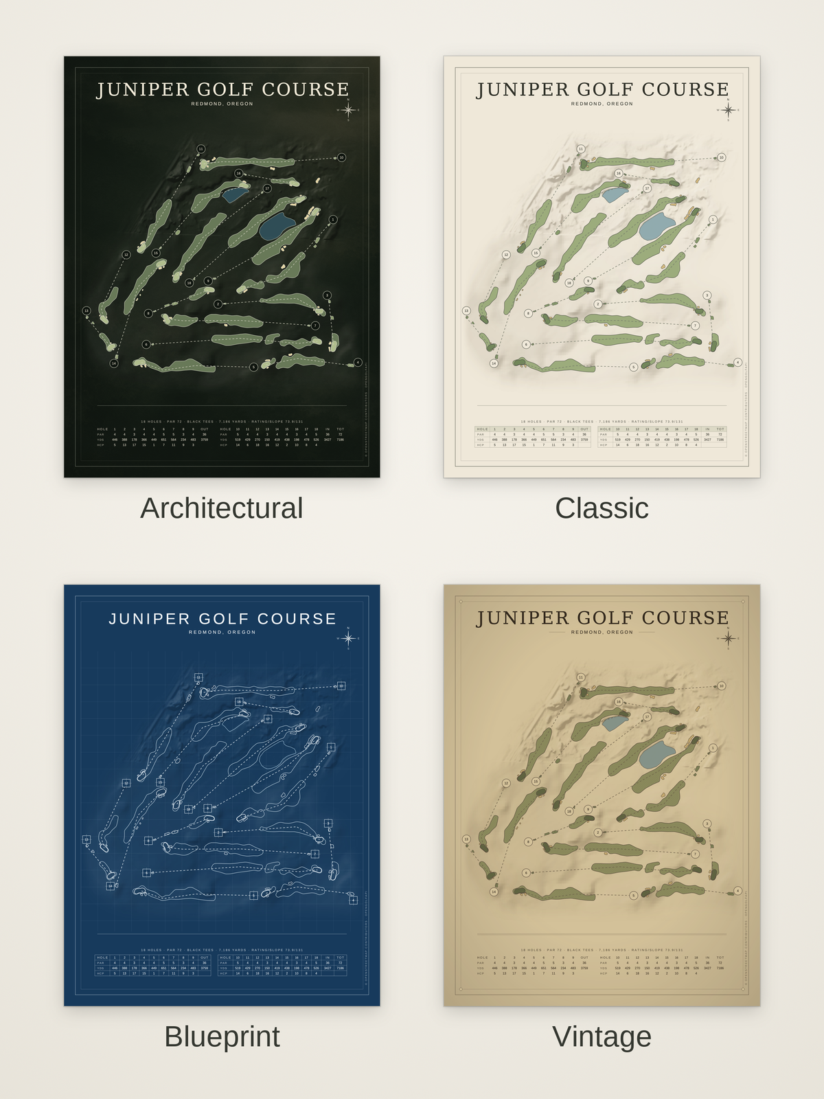 Juniper Golf Course map poster in four styles: Architectural, Classic, Blueprint and Vintage