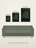 Juniper Golf Course map poster in the Architectural style at 12×16, 18×24 and 24×36 inches, shown to scale on a wall above an 84-inch sofa