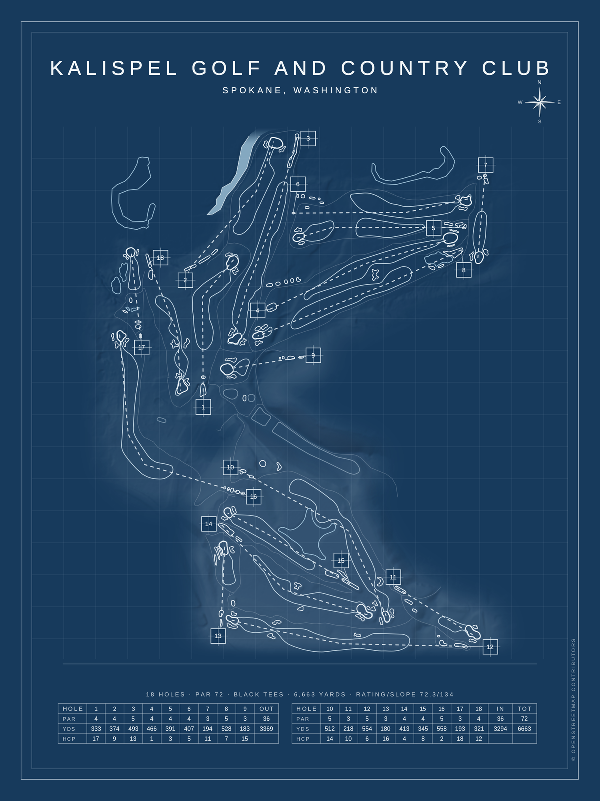 Kalispel Golf and Country Club course map poster, Blueprint style, 12×16 / 18×24