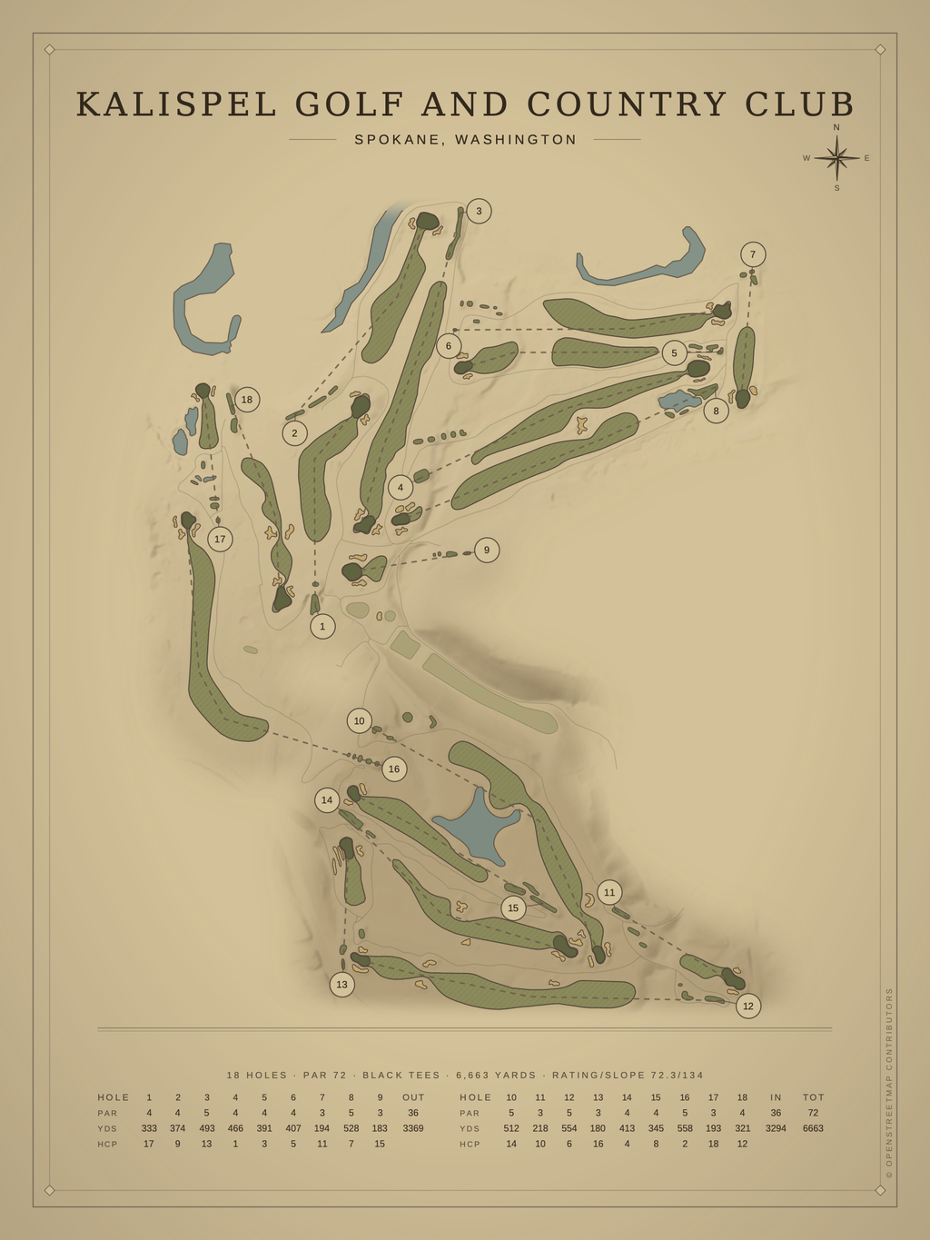 Kalispel Golf and Country Club course map poster, Vintage style, 12×16 / 18×24