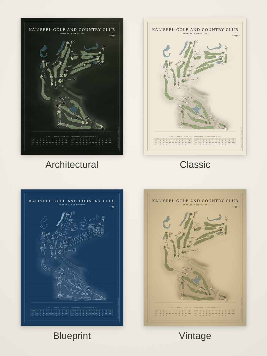 Kalispel Golf and Country Club course map poster in four styles: Architectural, Classic, Blueprint and Vintage