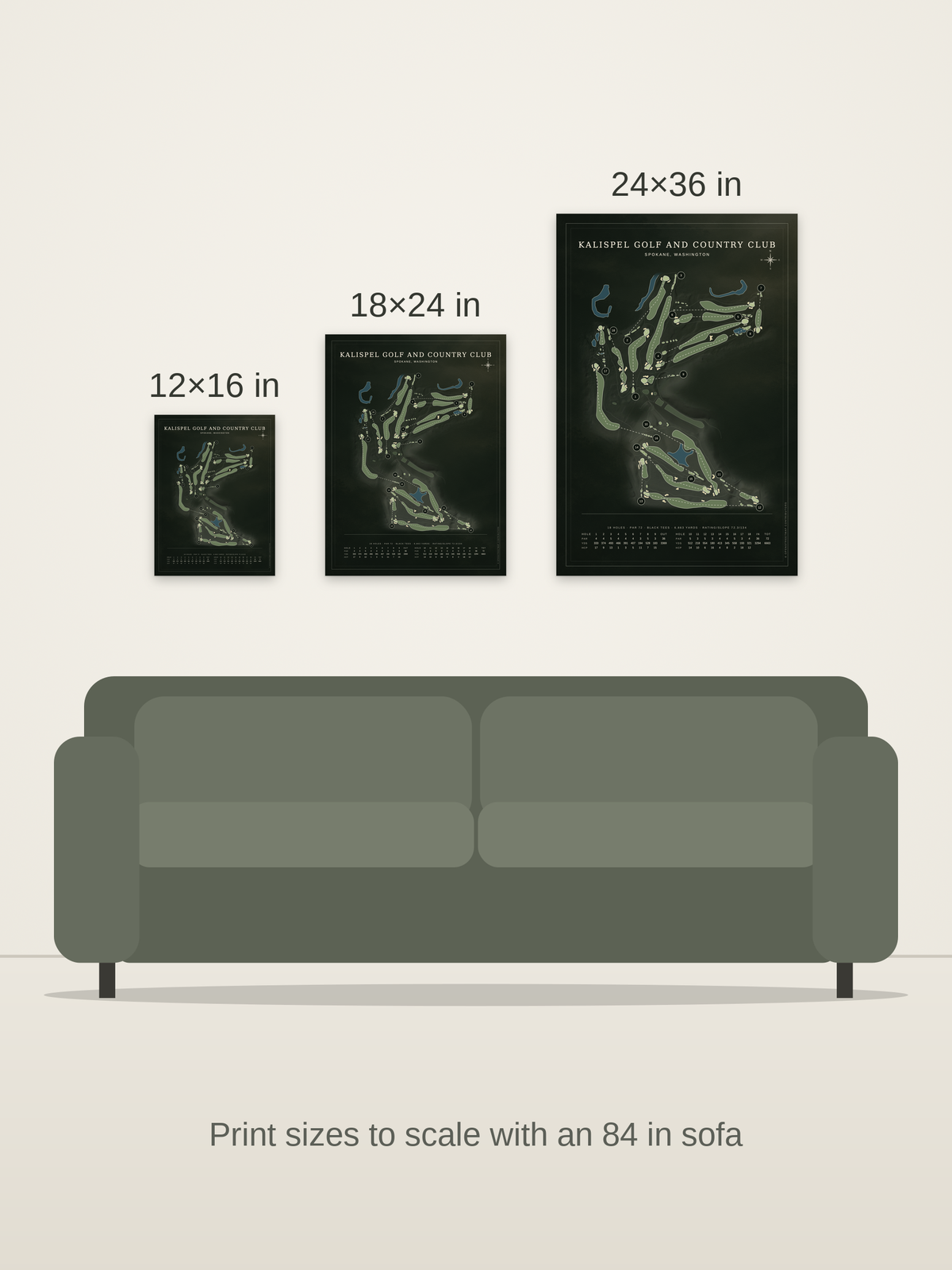 Kalispel Golf and Country Club course map poster in the Architectural style at 12×16, 18×24 and 24×36 inches, shown to scale on a wall above an 84-inch sofa