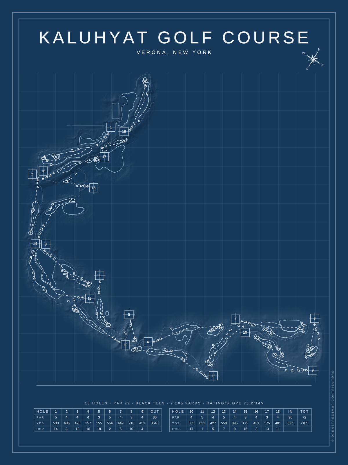 Kaluhyat Golf Course map poster, Blueprint style, 12×16 / 18×24