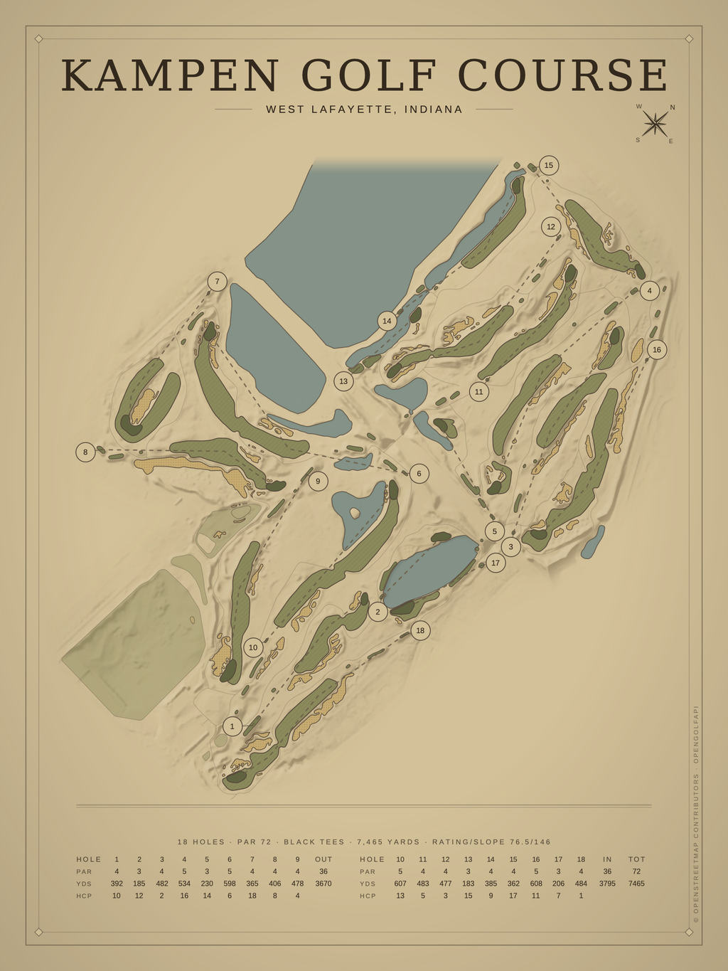 Kampen Golf Course map poster, Vintage style, 12×16 / 18×24