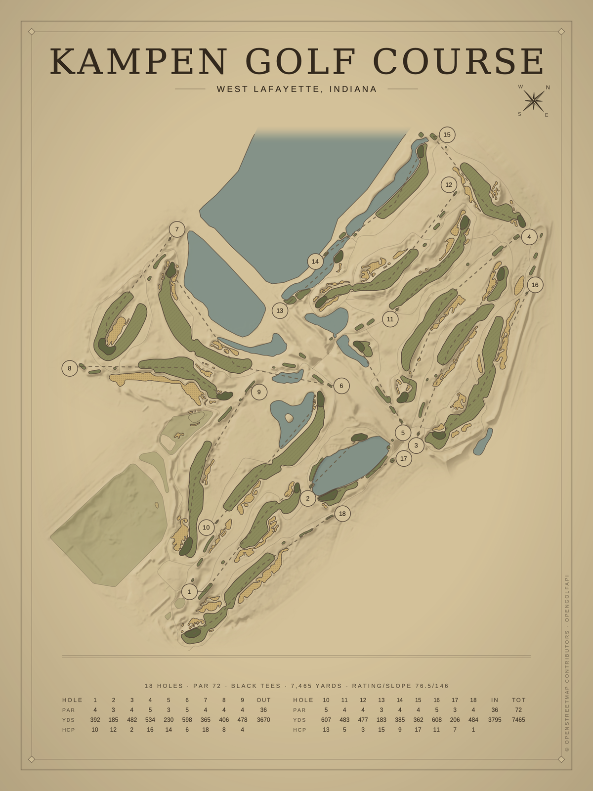 Kampen Golf Course map poster, Vintage style, 12×16 / 18×24