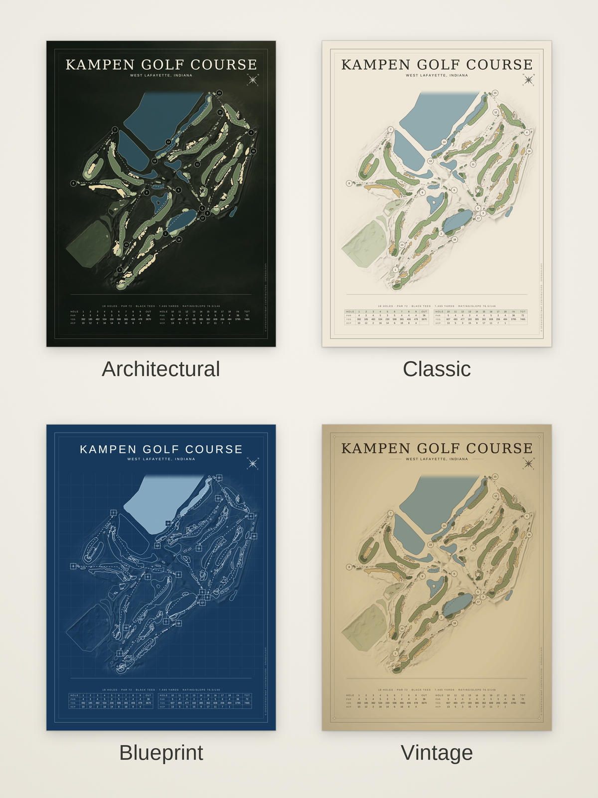 Kampen Golf Course map poster in four styles: Architectural, Classic, Blueprint and Vintage