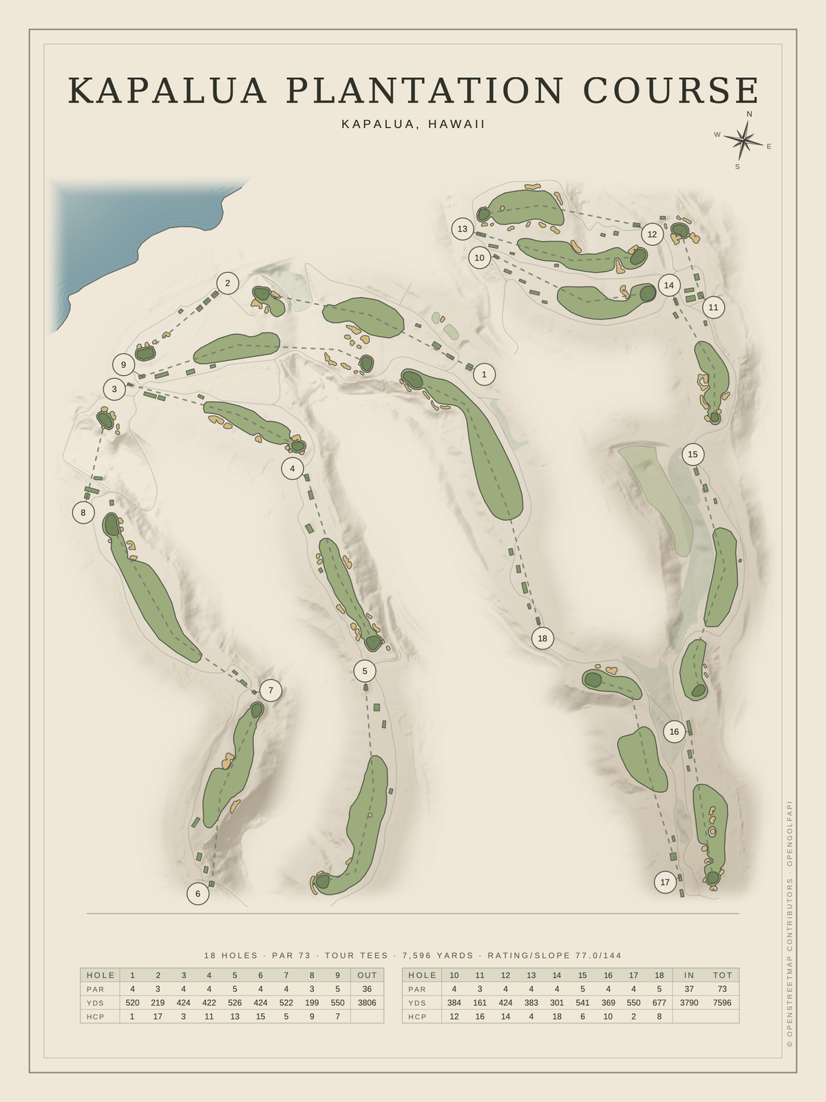 Kapalua Plantation Course map poster, Classic style, 12×16 / 18×24