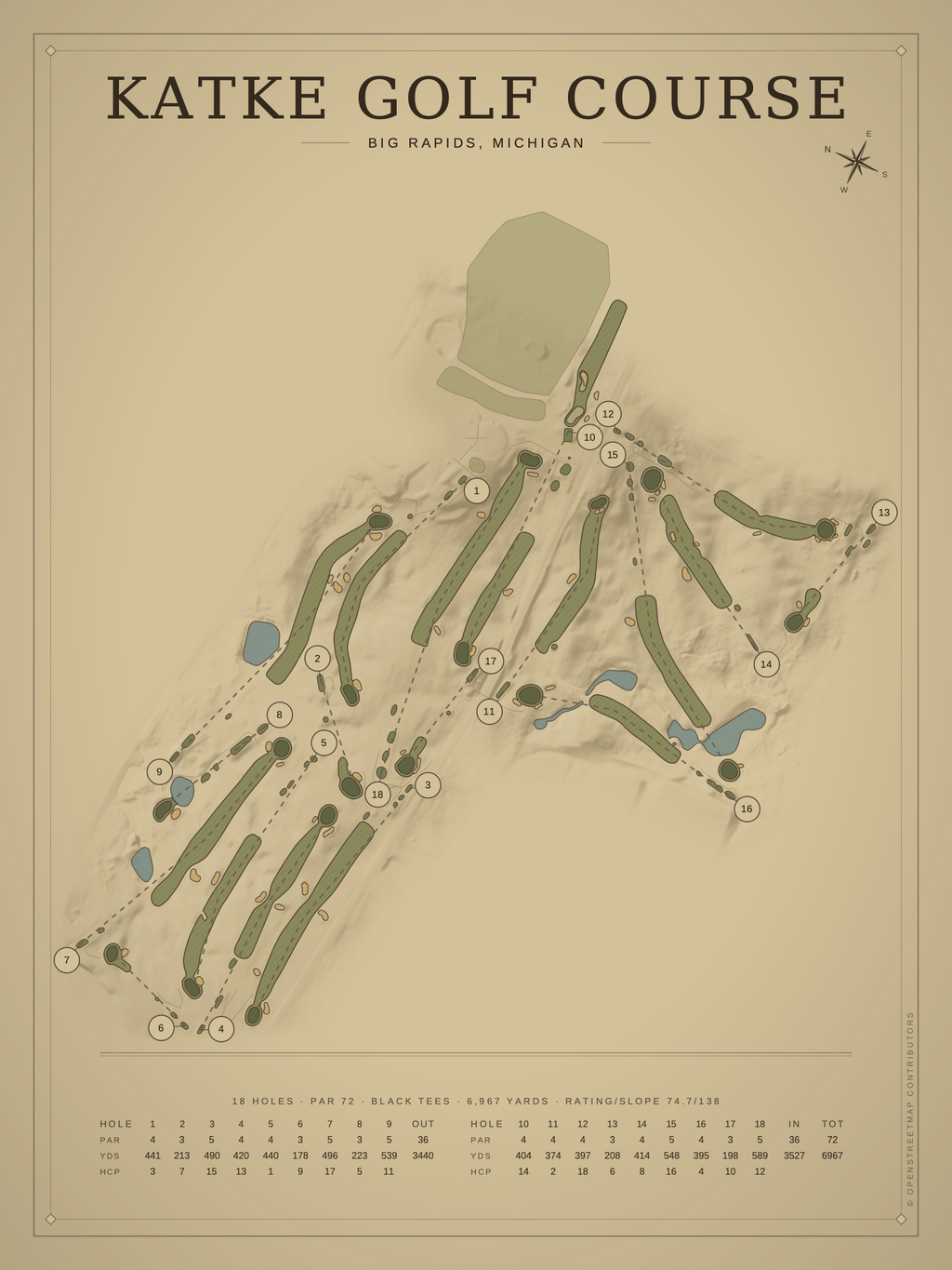 Katke Golf Course map poster, Vintage style, 12×16 / 18×24