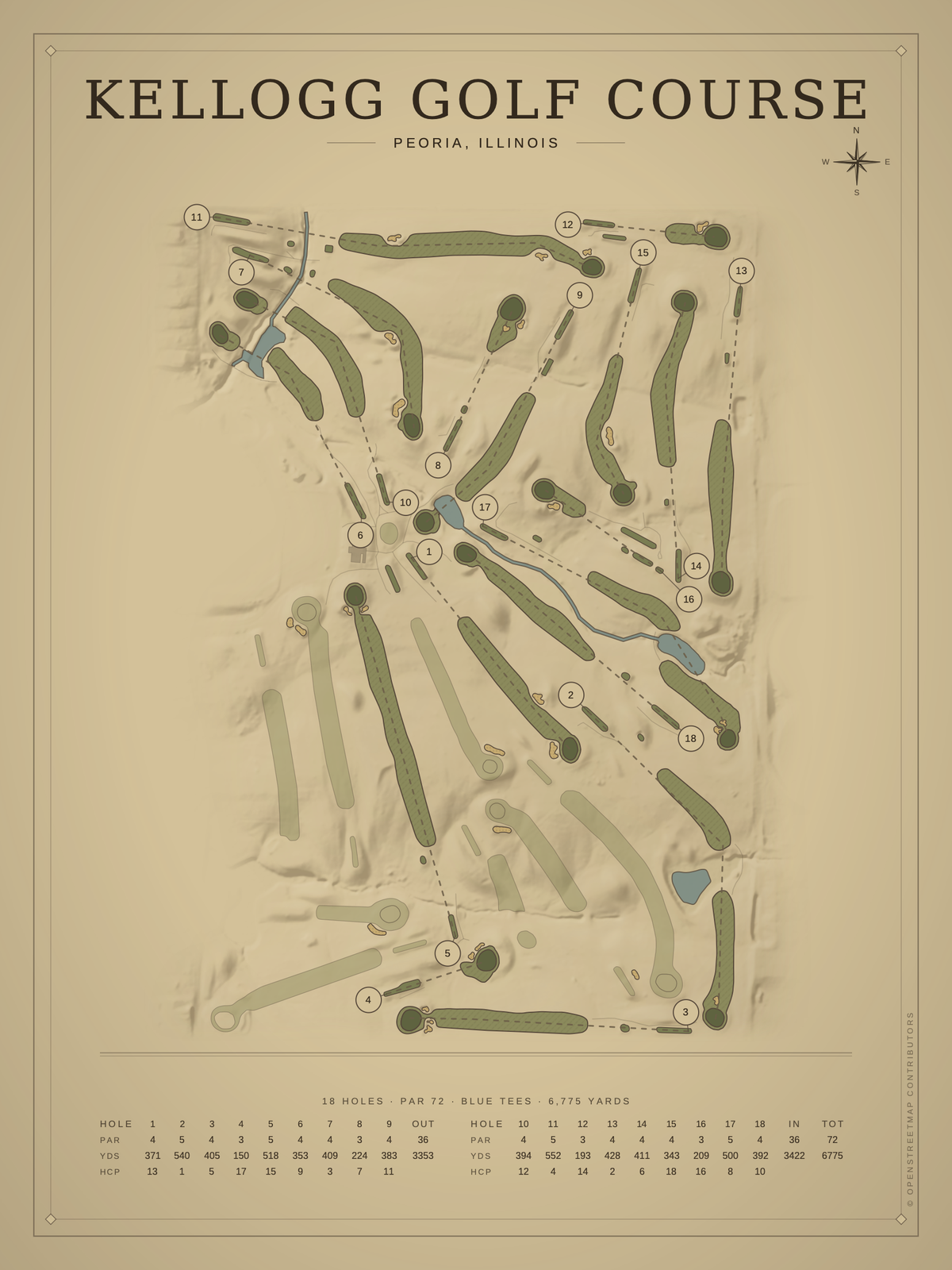 Kellogg Golf Course map poster, Vintage style, 12×16 / 18×24
