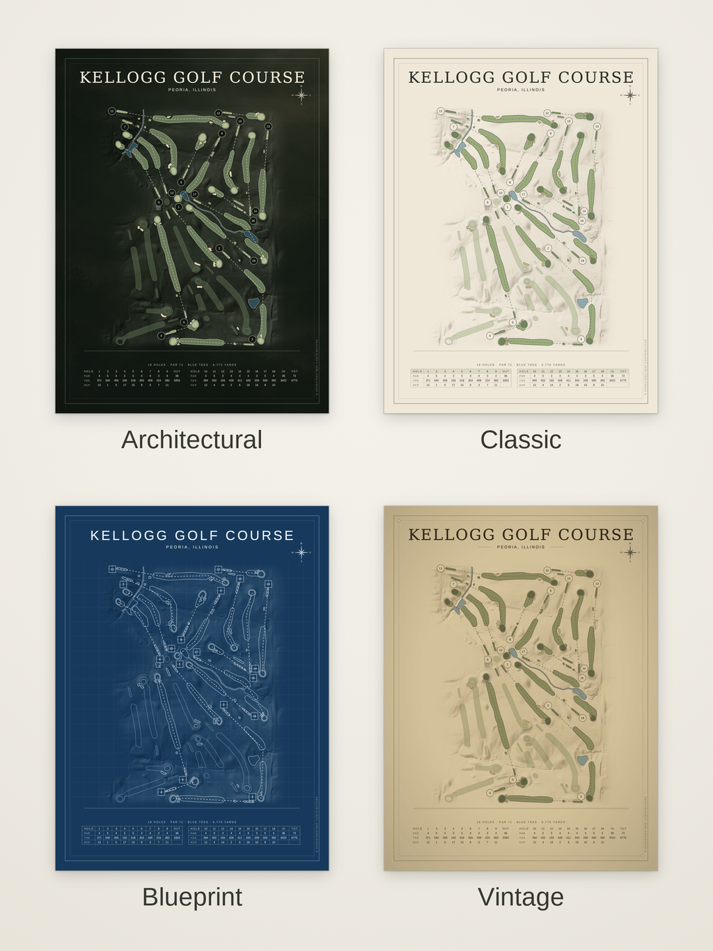 Kellogg Golf Course map poster in four styles: Architectural, Classic, Blueprint and Vintage