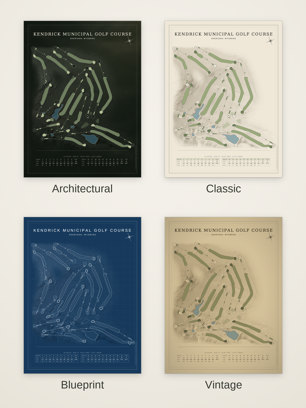 Kendrick Municipal Golf Course map poster in four styles: Architectural, Classic, Blueprint and Vintage