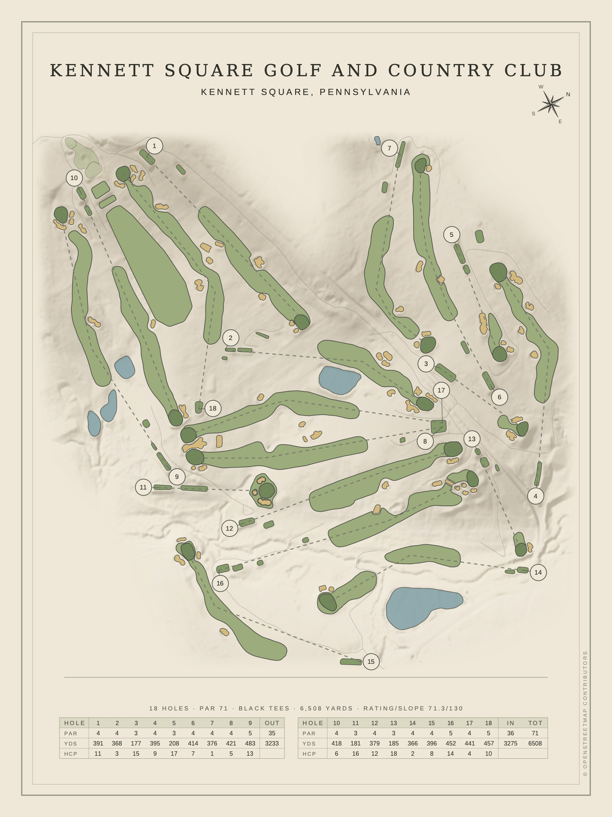 Kennett Square Golf and Country Club course map poster, Classic style, 12×16 / 18×24