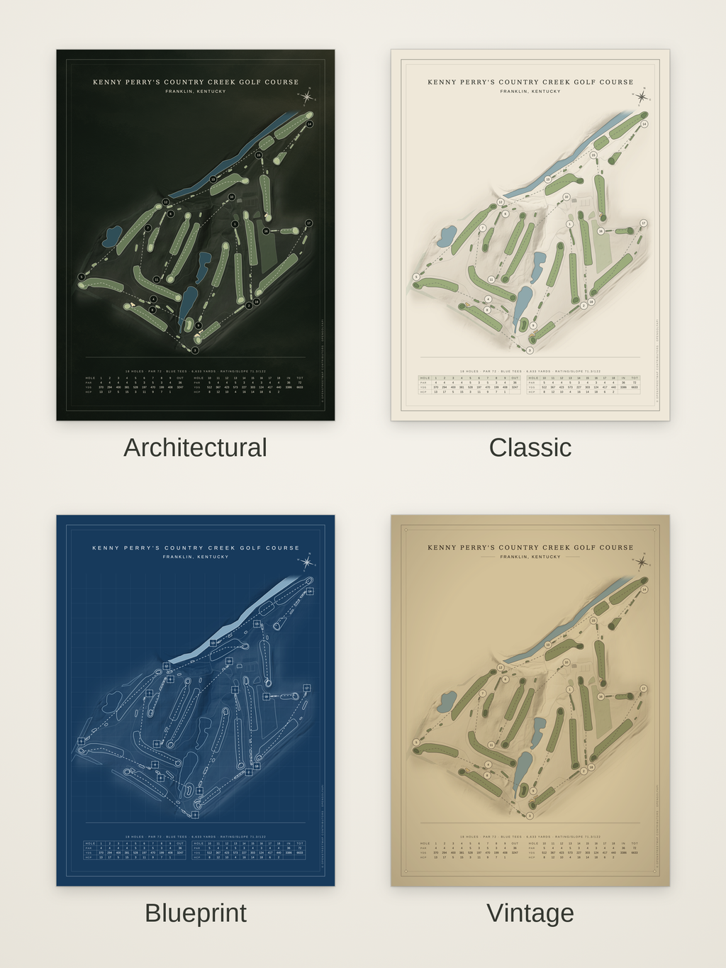 Kenny Perry's Country Creek Golf Course map poster in four styles: Architectural, Classic, Blueprint and Vintage