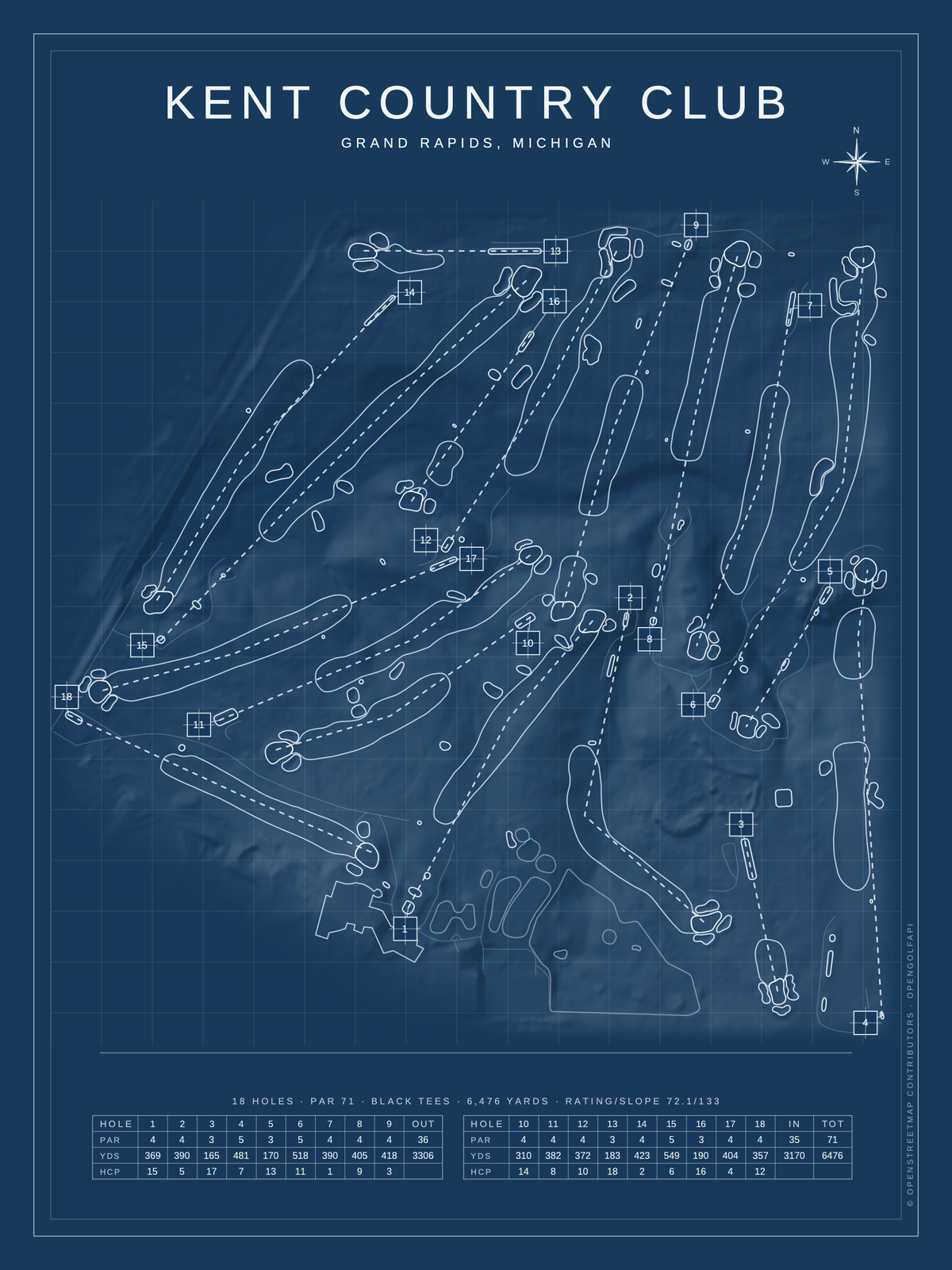 Kent Country Club course map poster, Blueprint style, 12×16 / 18×24