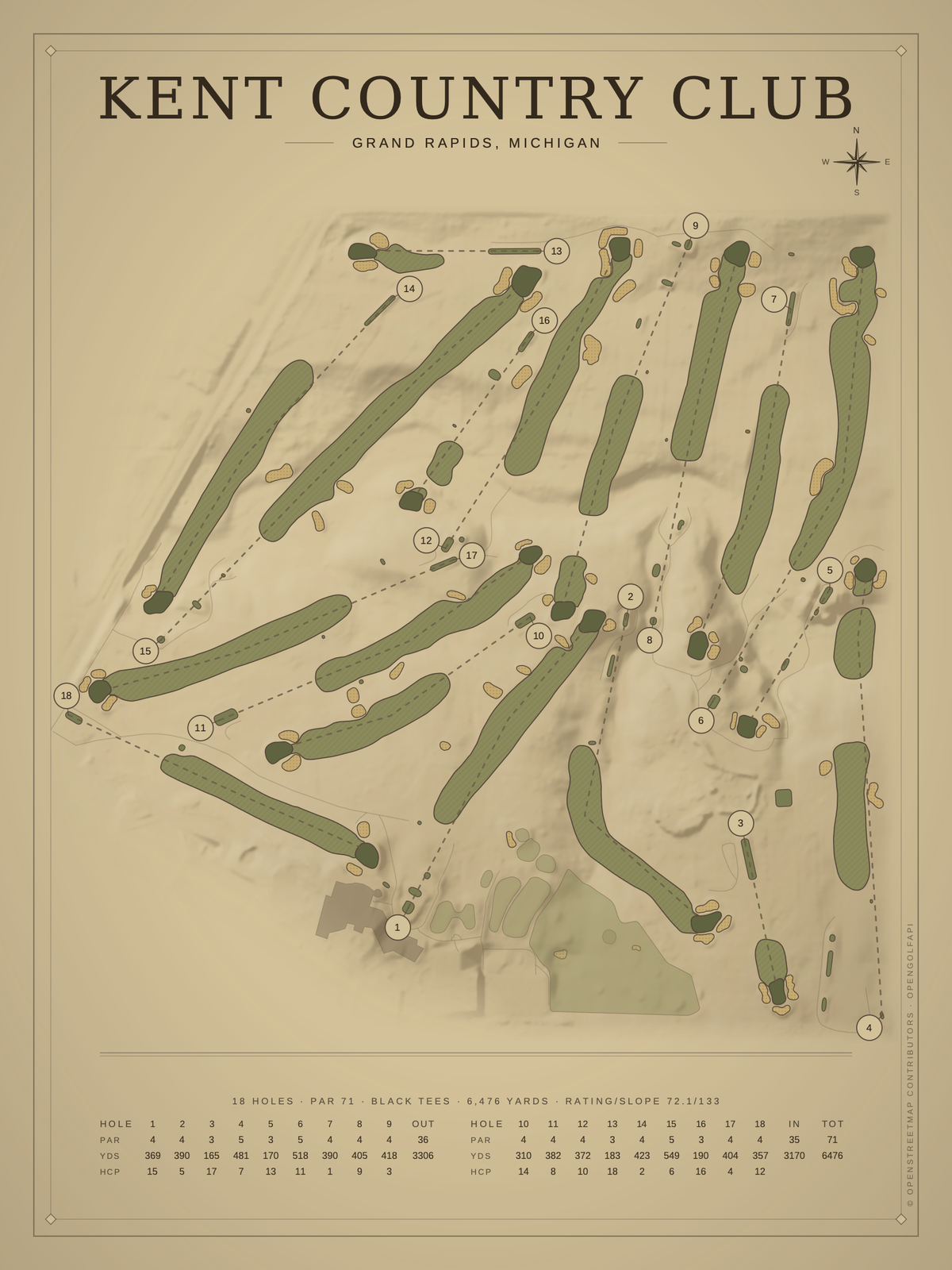 Kent Country Club course map poster, Vintage style, 12×16 / 18×24