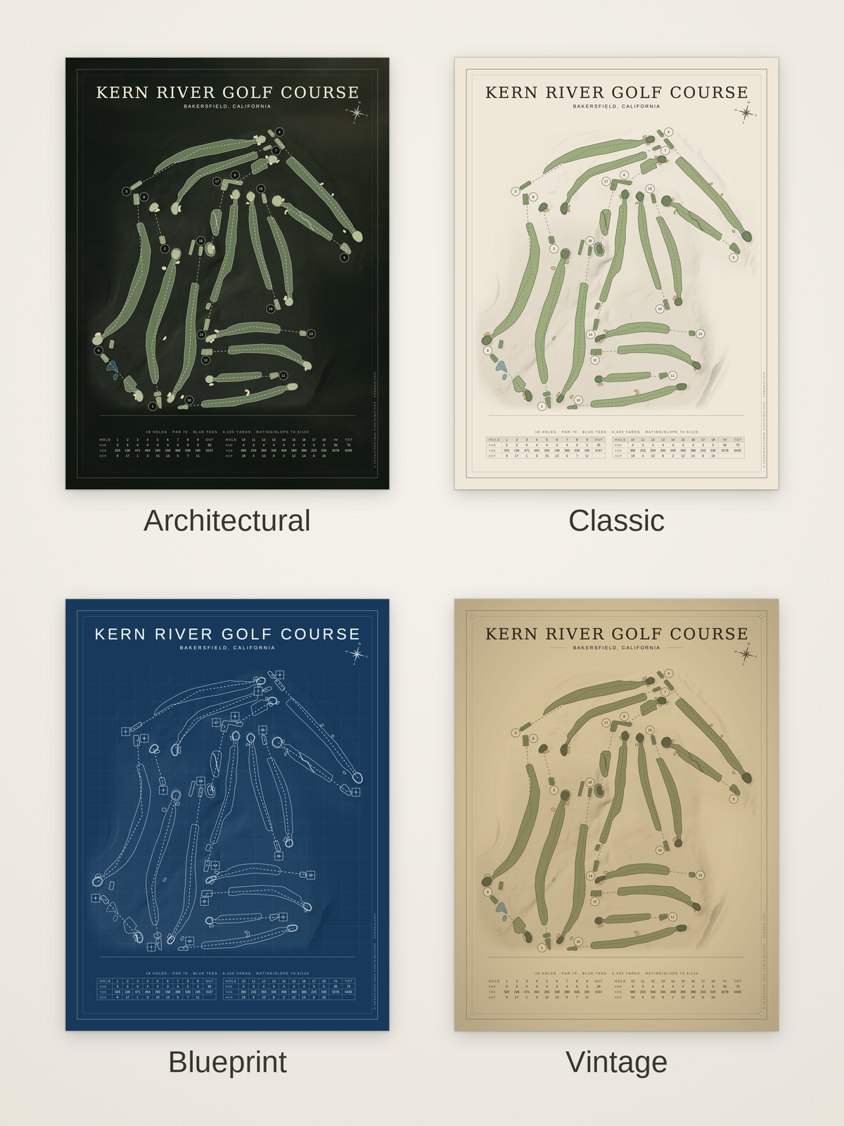 Kern River Golf Course map poster in four styles: Architectural, Classic, Blueprint and Vintage