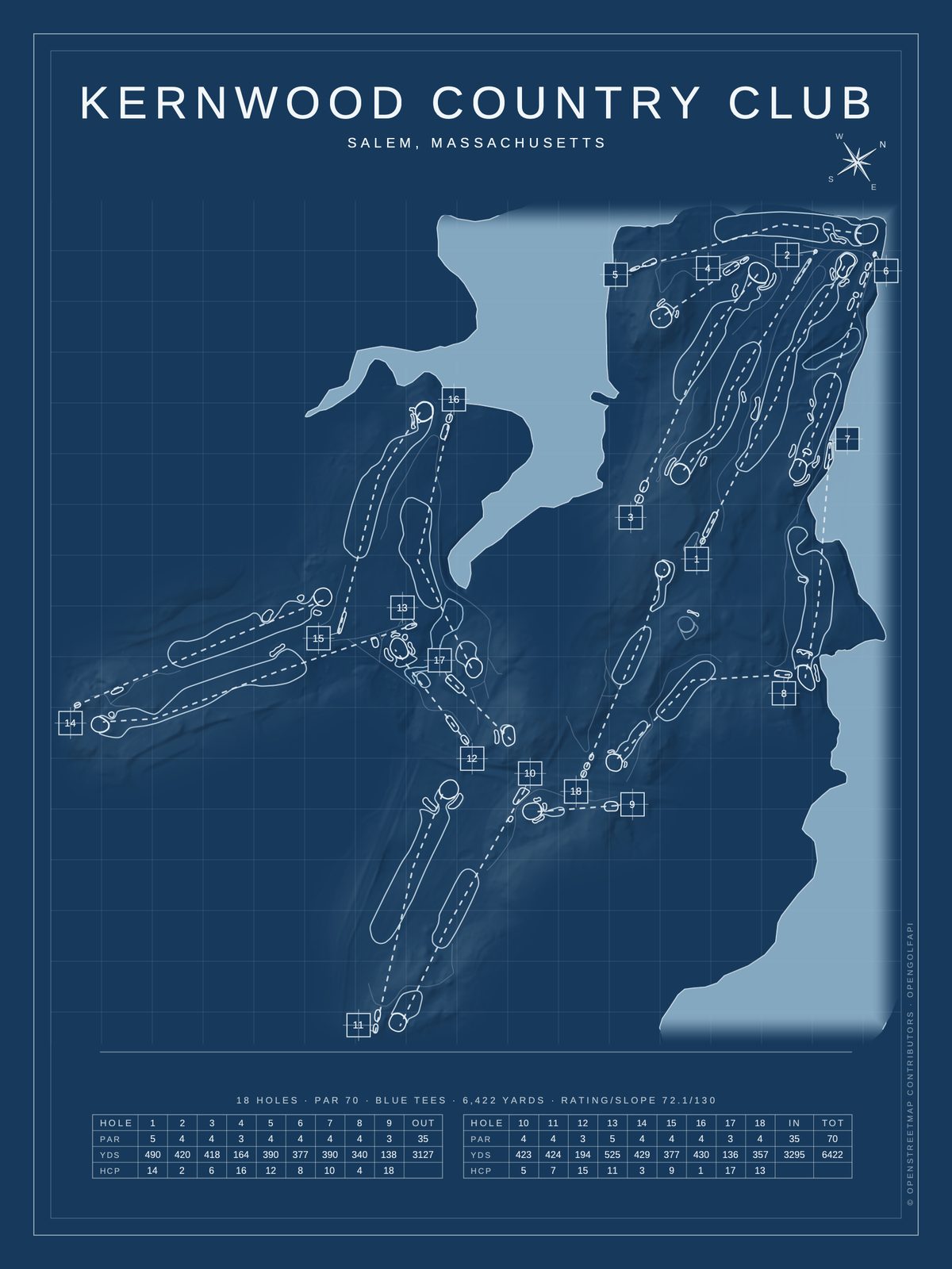 Kernwood Country Club course map poster, Blueprint style, 12×16 / 18×24
