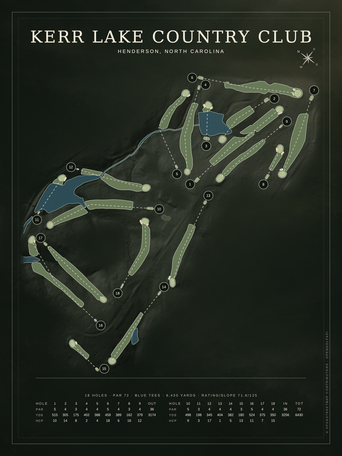 Kerr Lake Country Club course map poster, Architectural style, 12×16 / 18×24