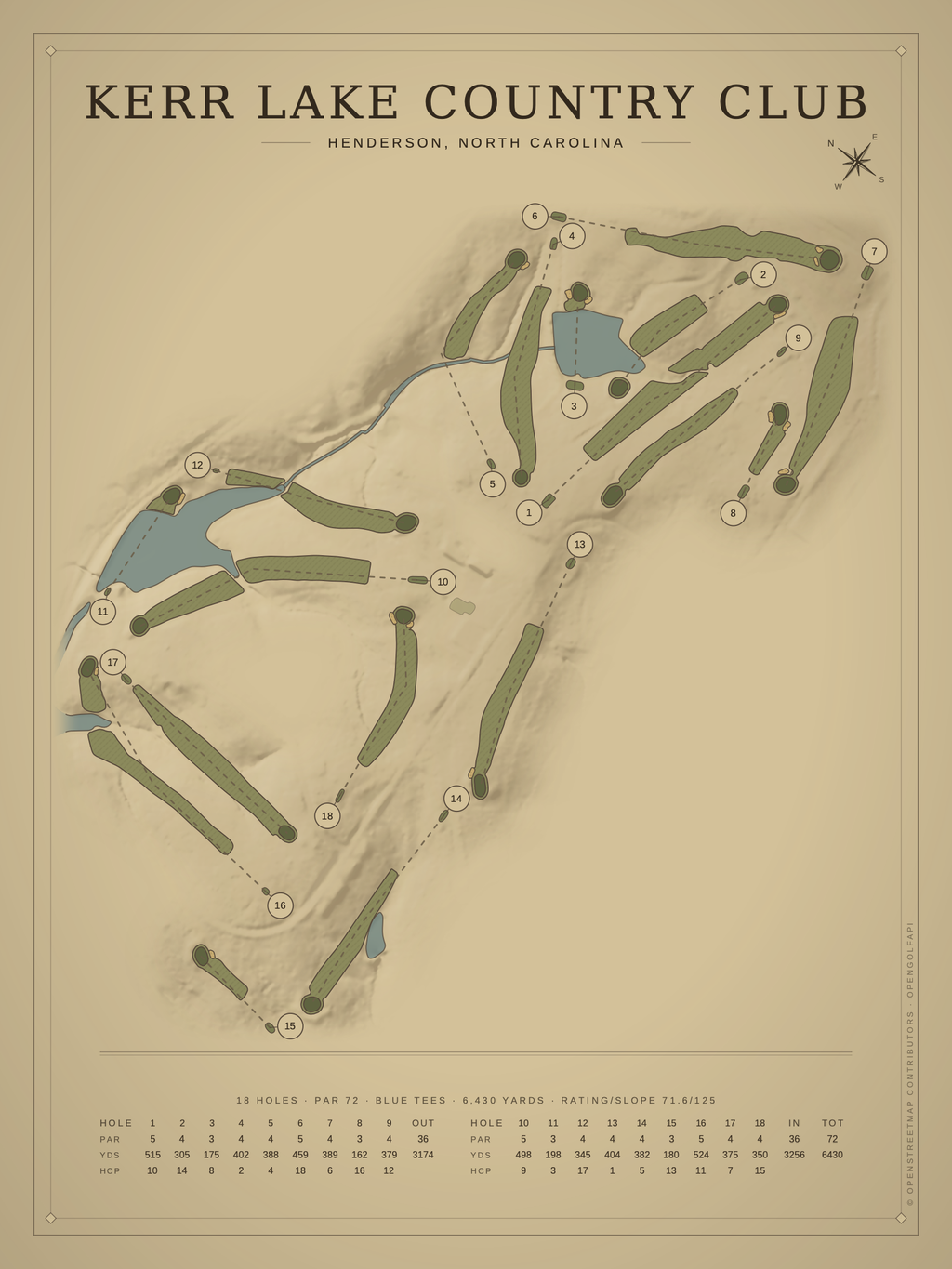 Kerr Lake Country Club course map poster, Vintage style, 12×16 / 18×24