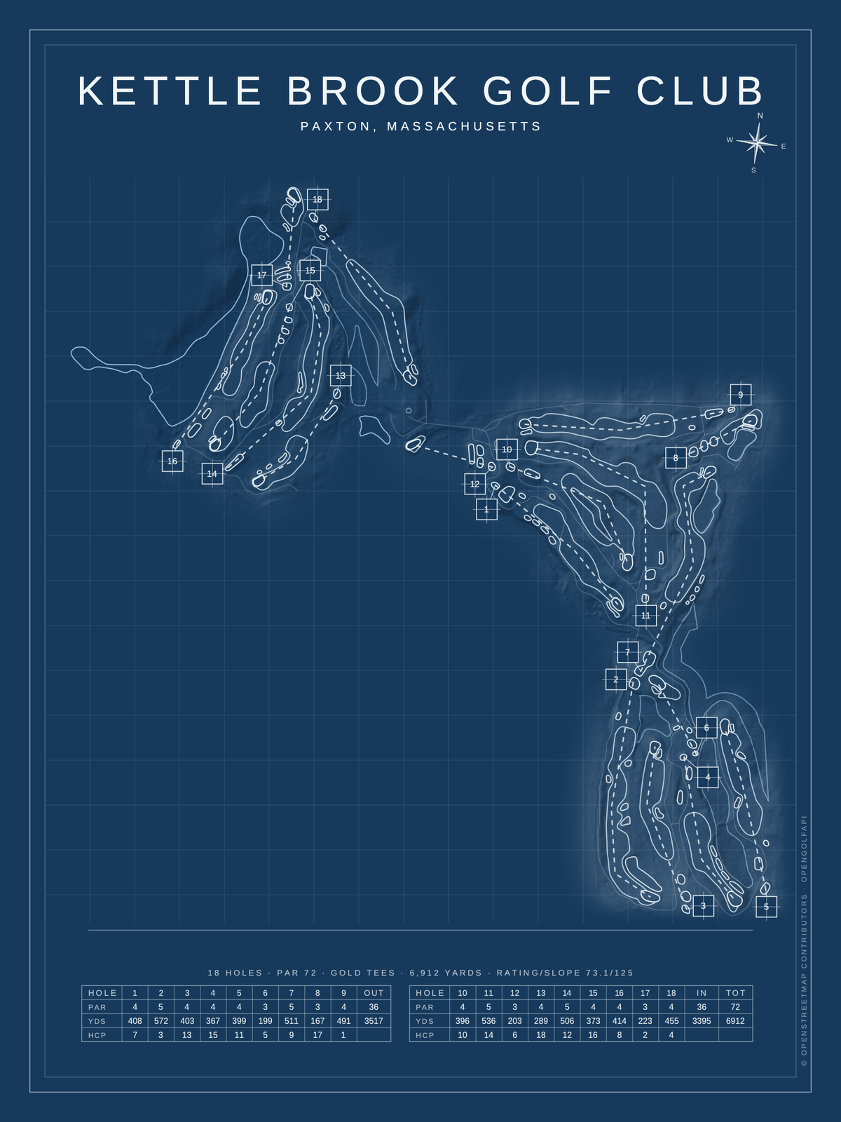Kettle Brook Golf Club course map poster, Blueprint style, 12×16 / 18×24