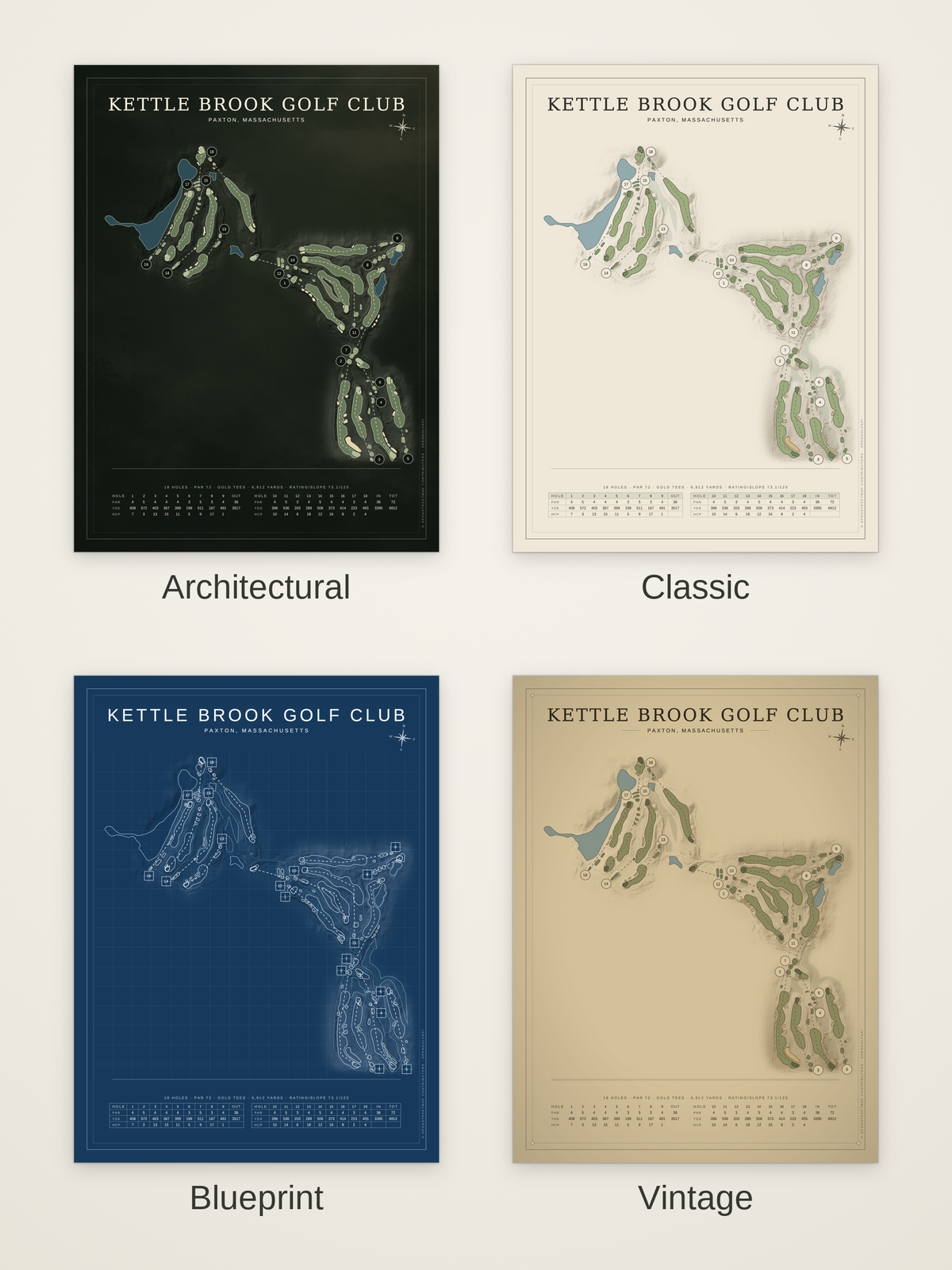Kettle Brook Golf Club course map poster in four styles: Architectural, Classic, Blueprint and Vintage