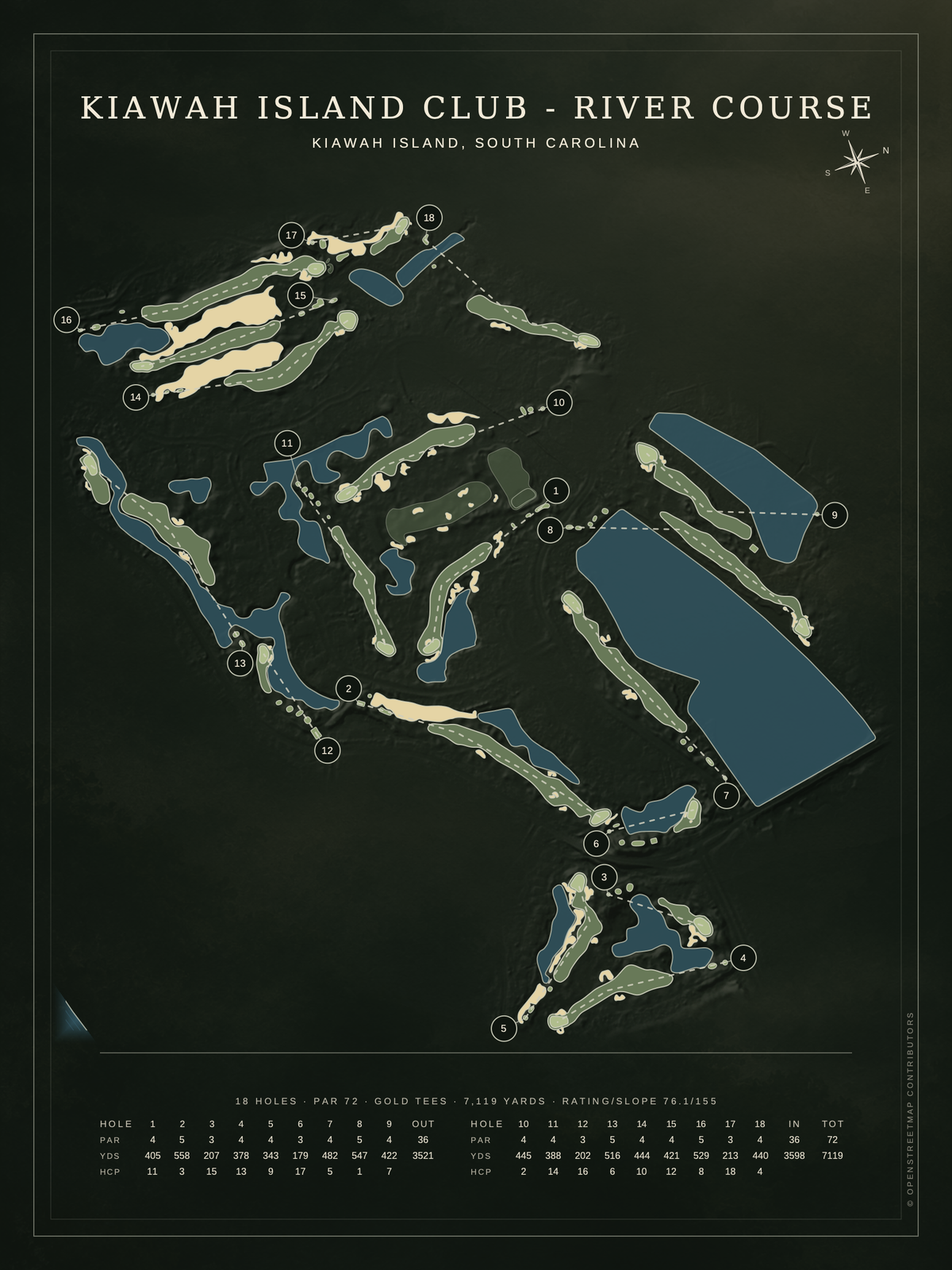 Kiawah Island Club - River Course map poster, Architectural style, 12×16 / 18×24