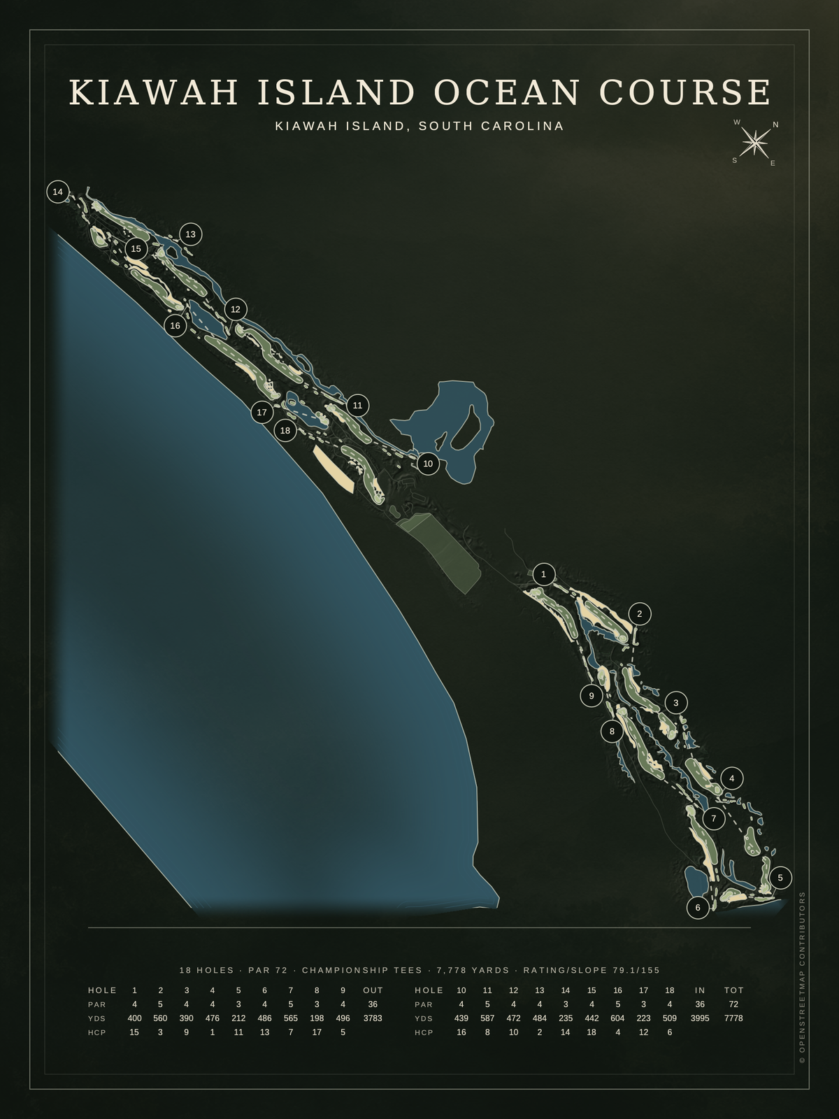 Kiawah Island Ocean Course map poster, Architectural style, 12×16 / 18×24