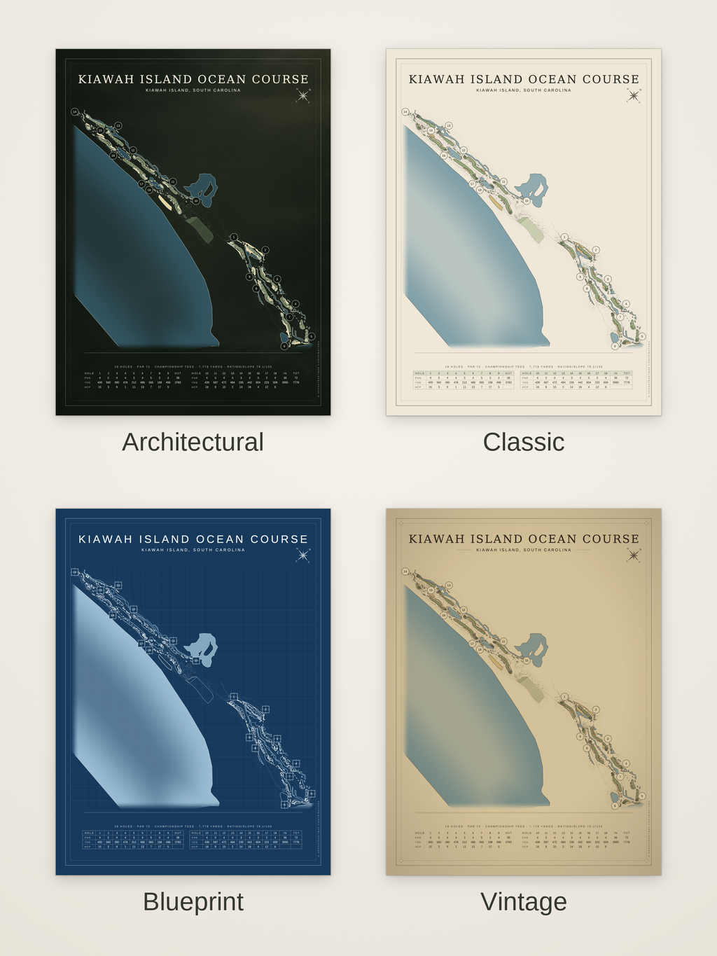 Kiawah Island Ocean Course map poster in four styles: Architectural, Classic, Blueprint and Vintage