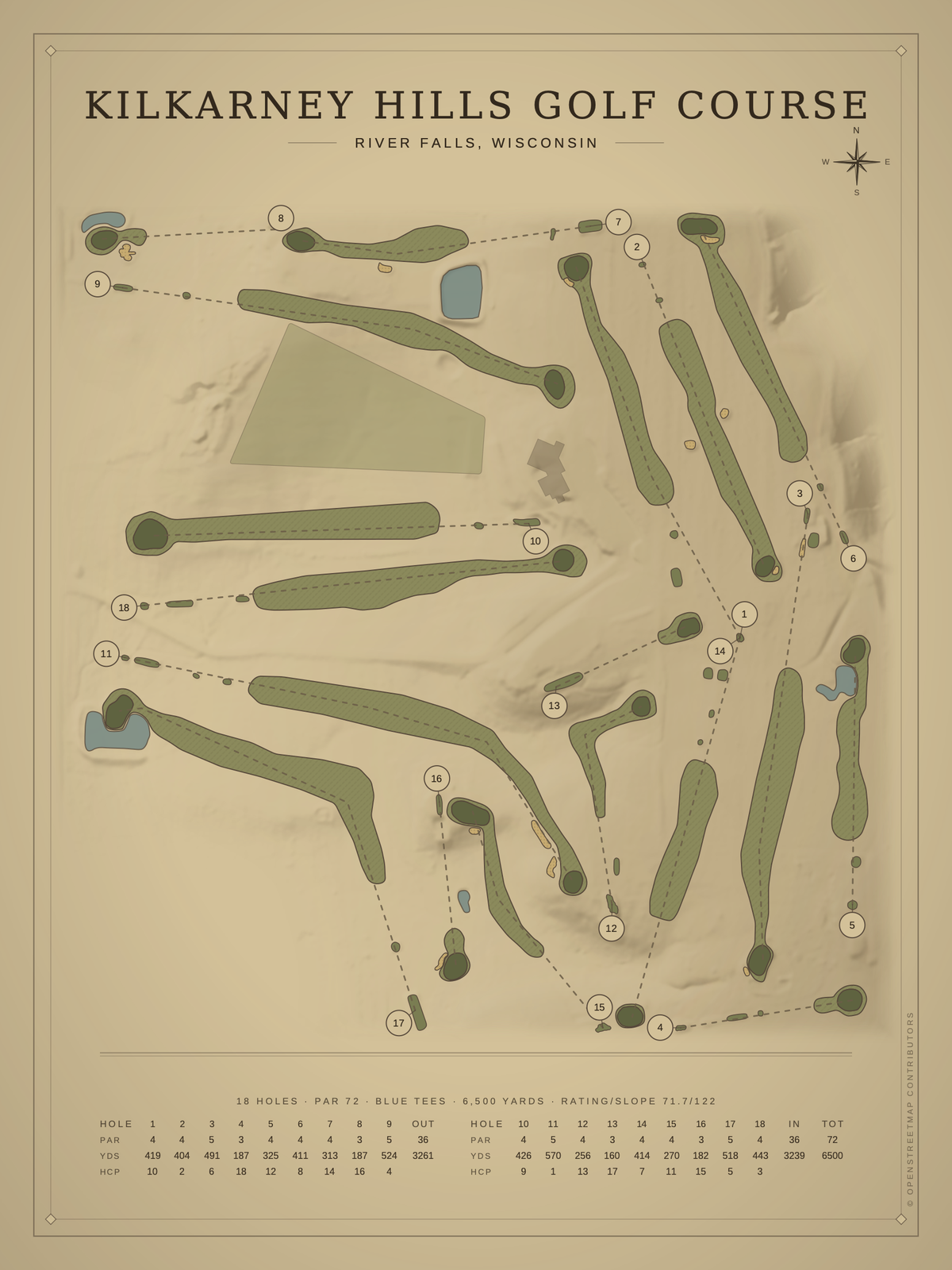 Kilkarney Hills Golf Course map poster, Vintage style, 12×16 / 18×24