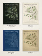 Kilkarney Hills Golf Course map poster in four styles: Architectural, Classic, Blueprint and Vintage