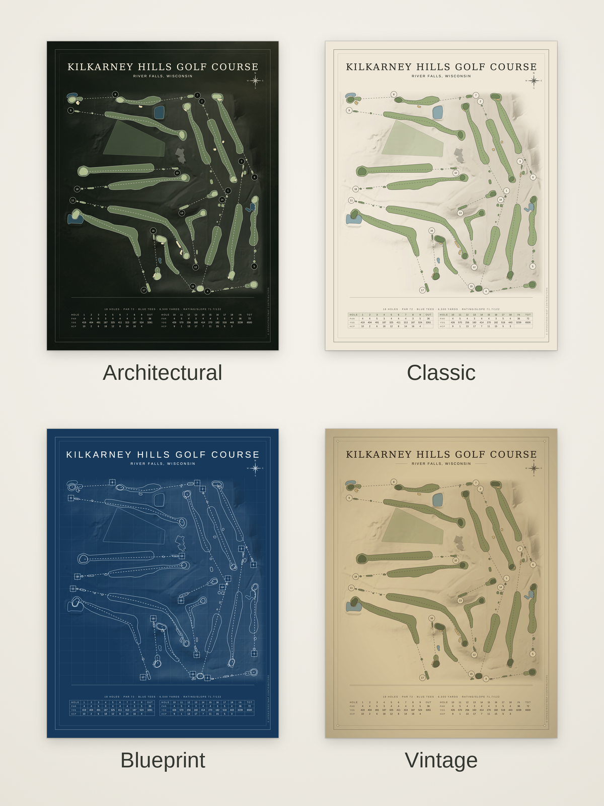 Kilkarney Hills Golf Course map poster in four styles: Architectural, Classic, Blueprint and Vintage